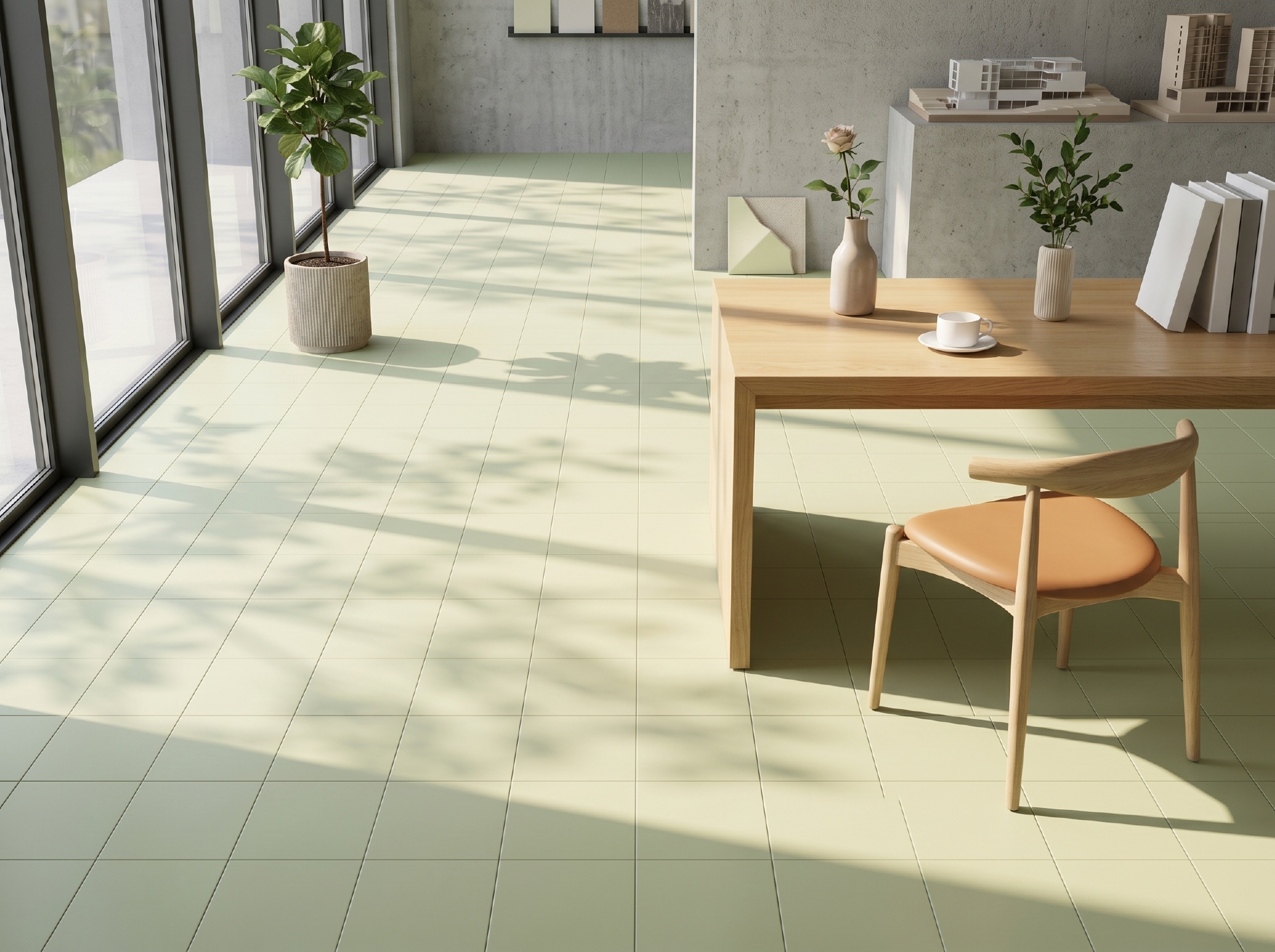 Tường khu vực thương mại ốp gạch 200x200mm ghép lưới đều
