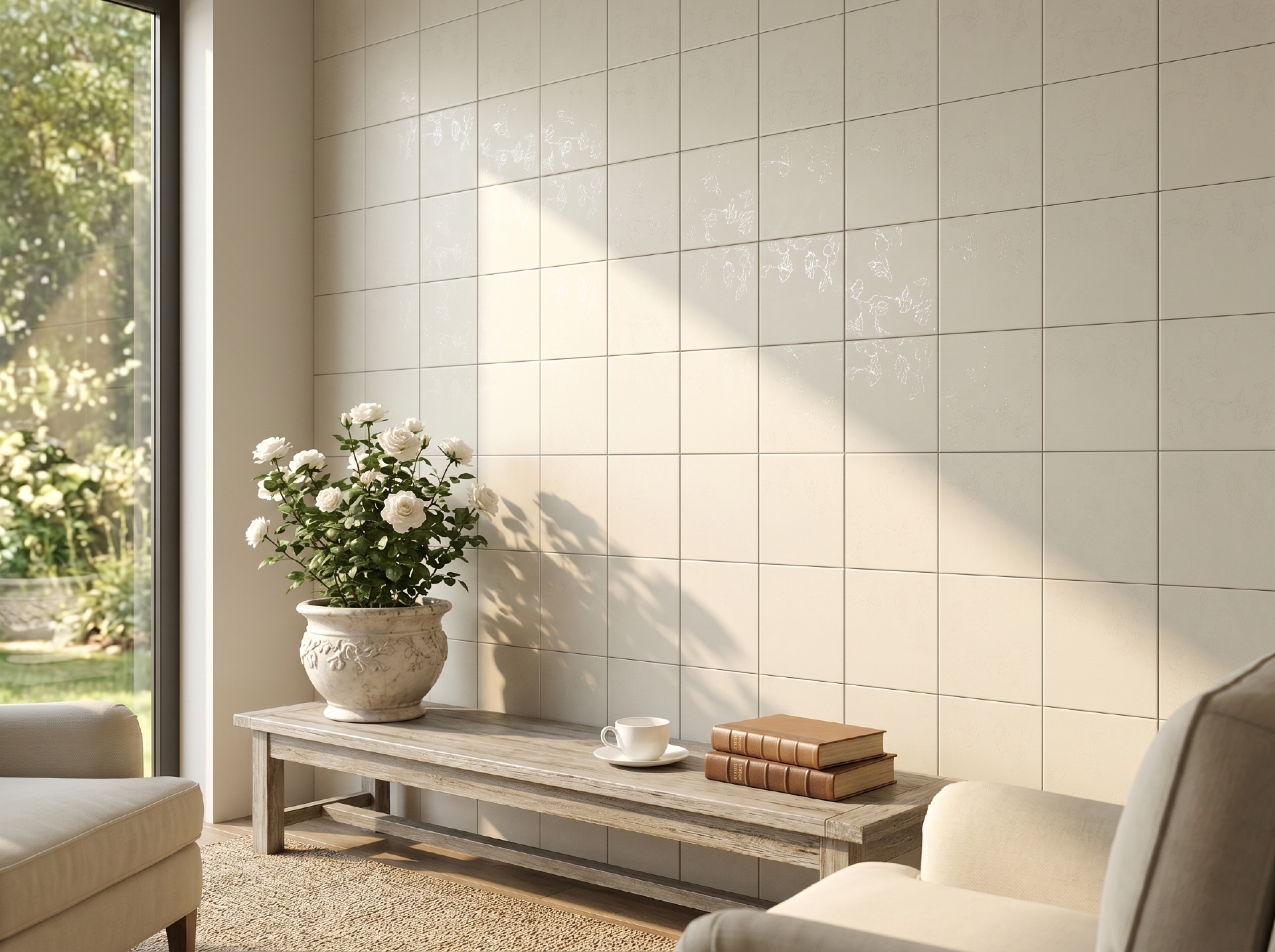 Mảng tường trong nhà ốp gạch porcelain 200x200mm hoạ tiết hoa men mờ