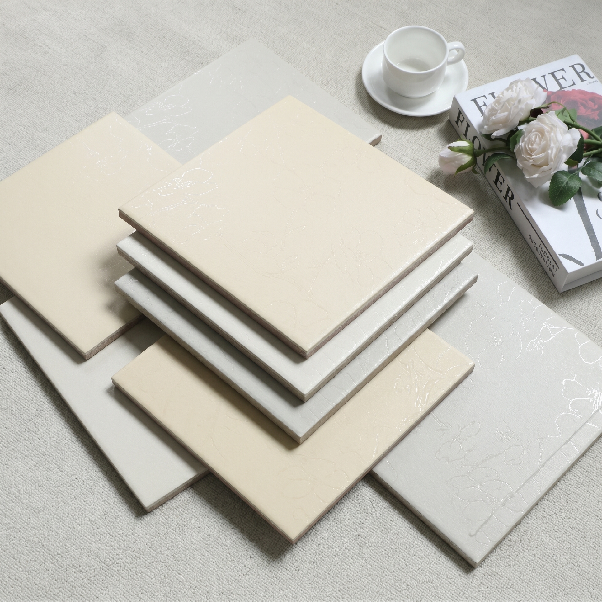 Bảng màu be, kem và xám nhạt của dòng gạch porcelain 200x200mm