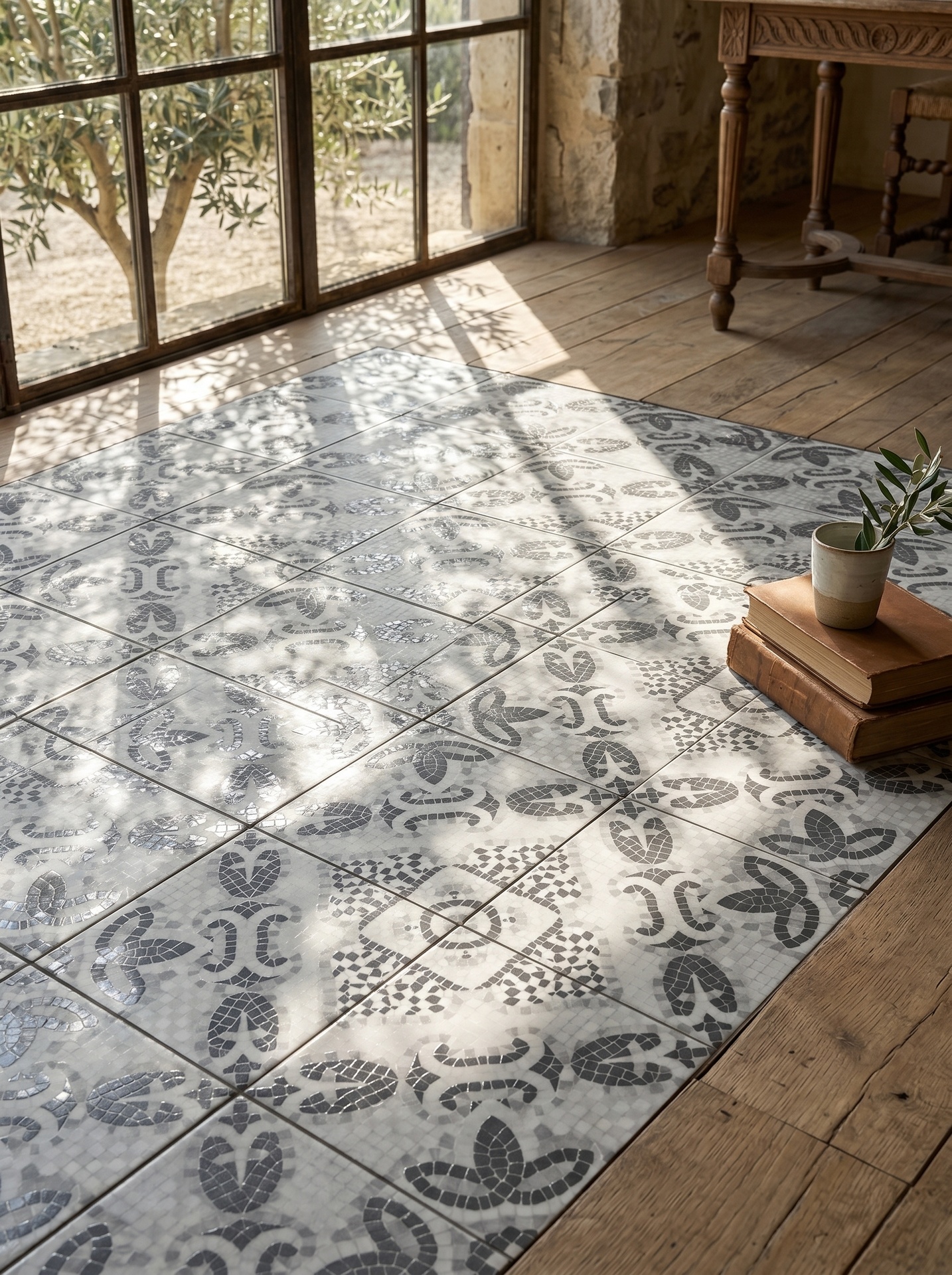 Viên gạch porcelain 200x200mm chụp thẳng thấy toàn bộ hoạ tiết mosaic