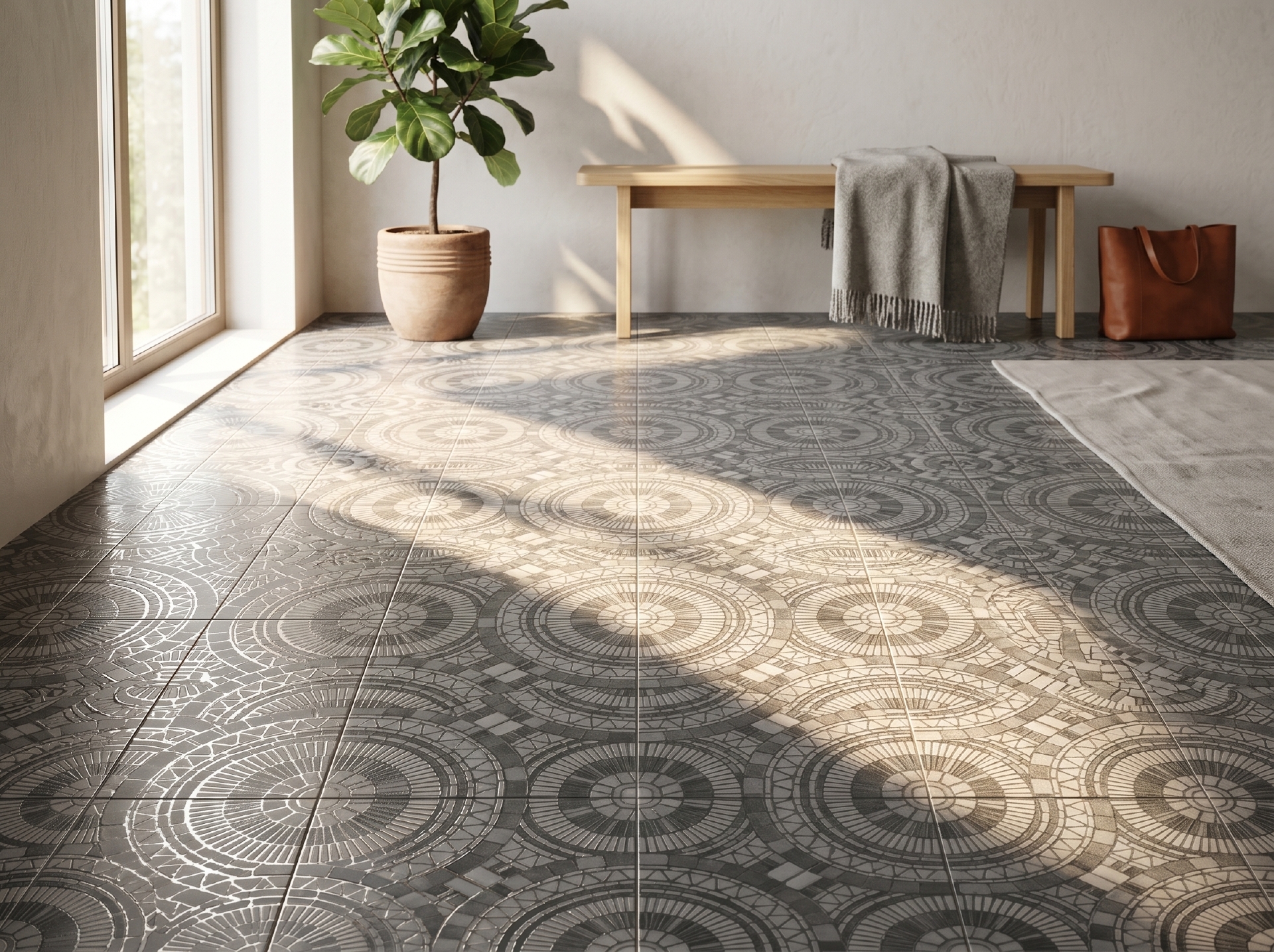 Sàn nội thất lát gạch porcelain 200x200mm giả mosaic đá ghép