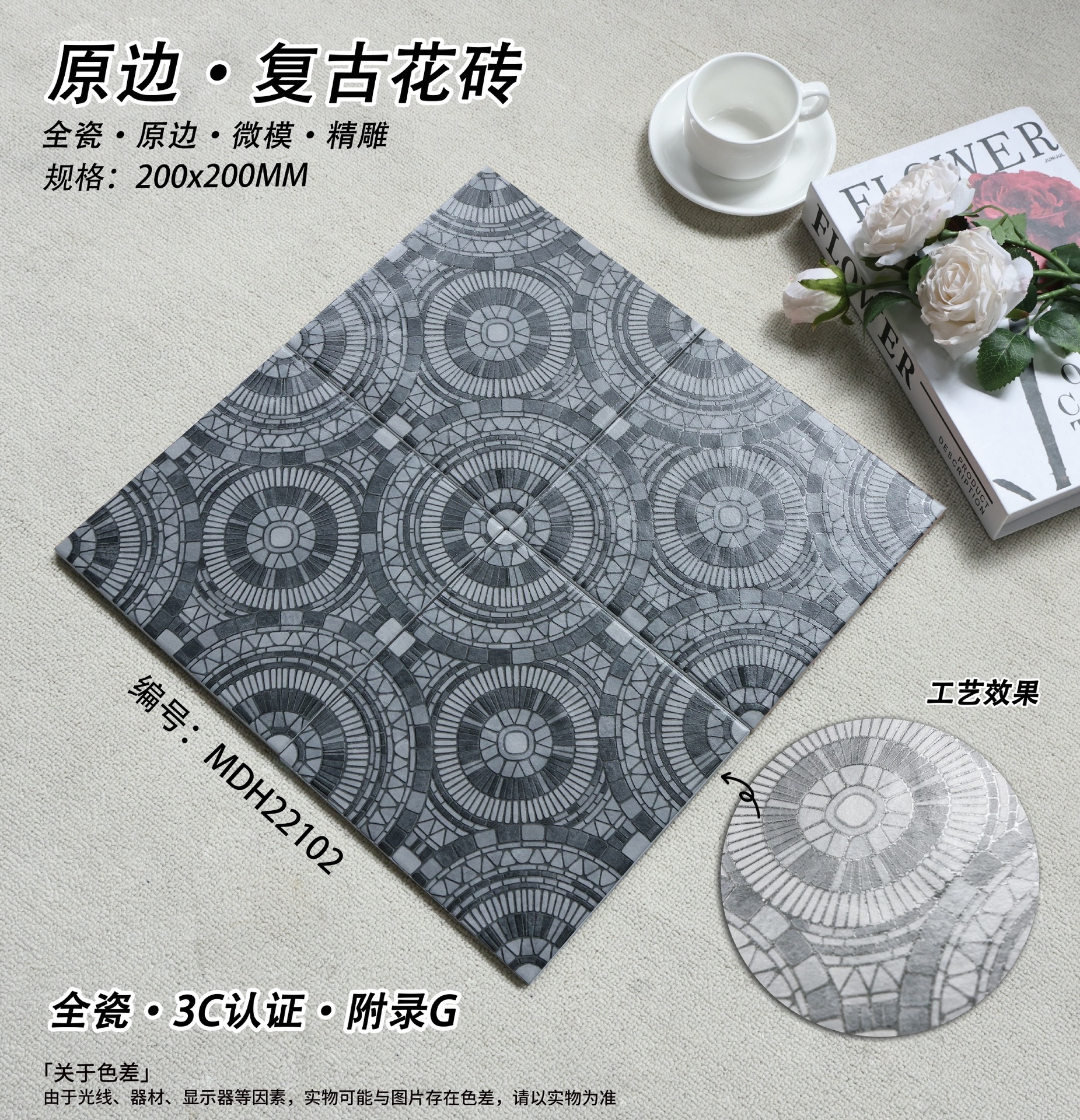 Viên gạch porcelain 200x200mm chụp thẳng thấy toàn bộ hoạ tiết mosaic