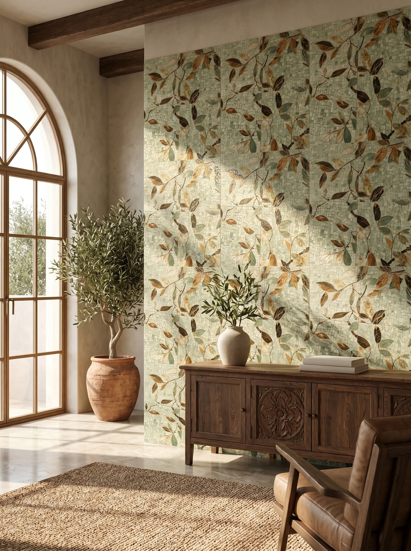 Viên gạch porcelain 200x200mm hoạ tiết lá chụp chính diện