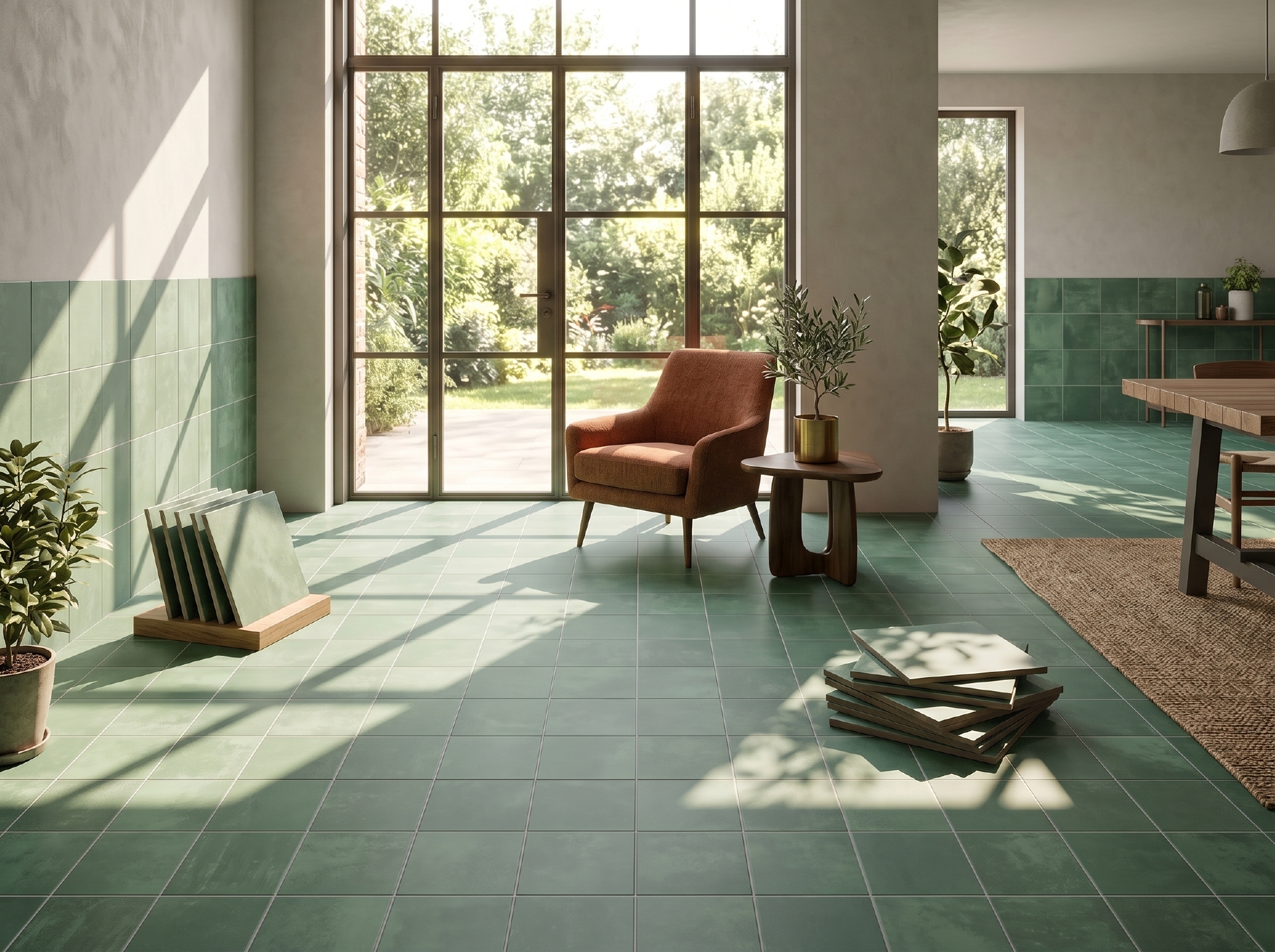 Tường bếp ốp gạch porcelain 150x150mm tông đỏ gạch mờ