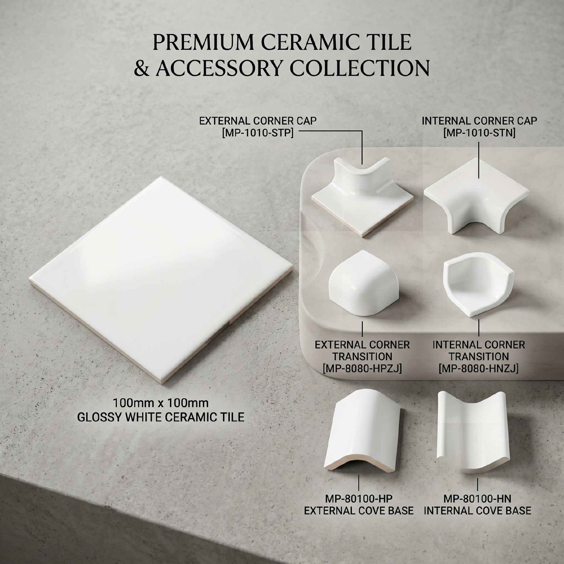 Bộ phụ kiện ceramic trắng đồng bộ với gạch ốp tường cùng tông