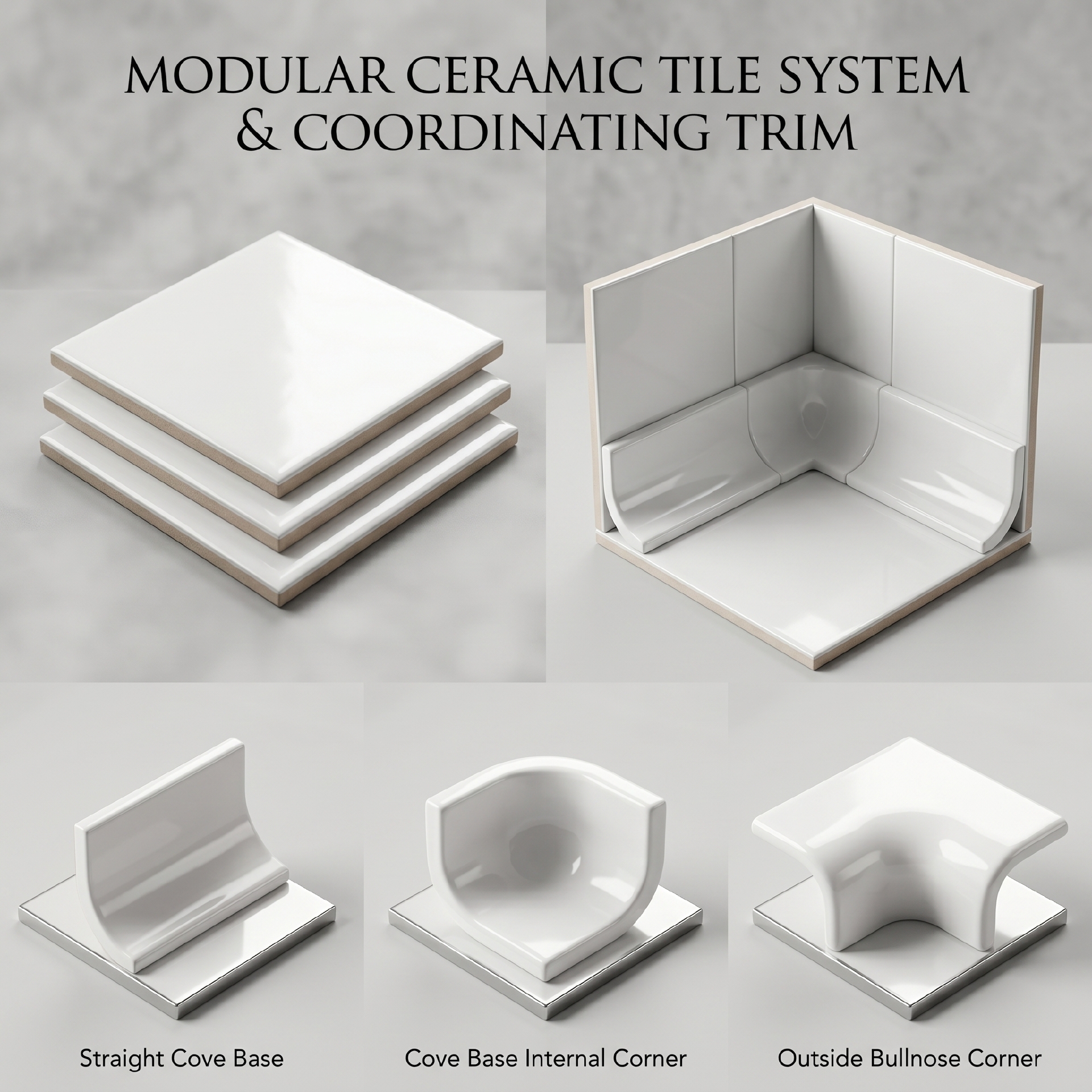 Chân tường phòng tắm hoàn thiện bằng nẹp ceramic bo cong màu trắng