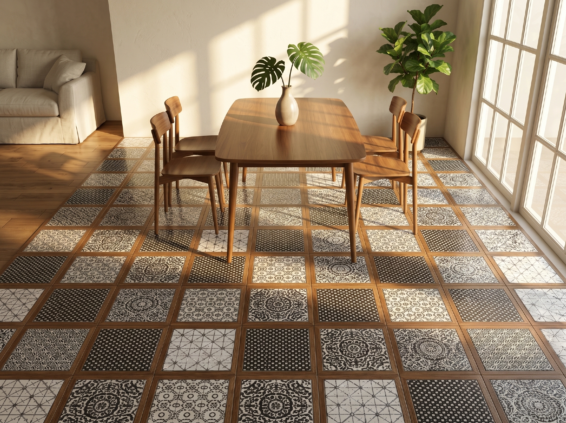 Ba tông màu đen, xanh dương và cam của dòng gạch hoạ tiết 200x200mm