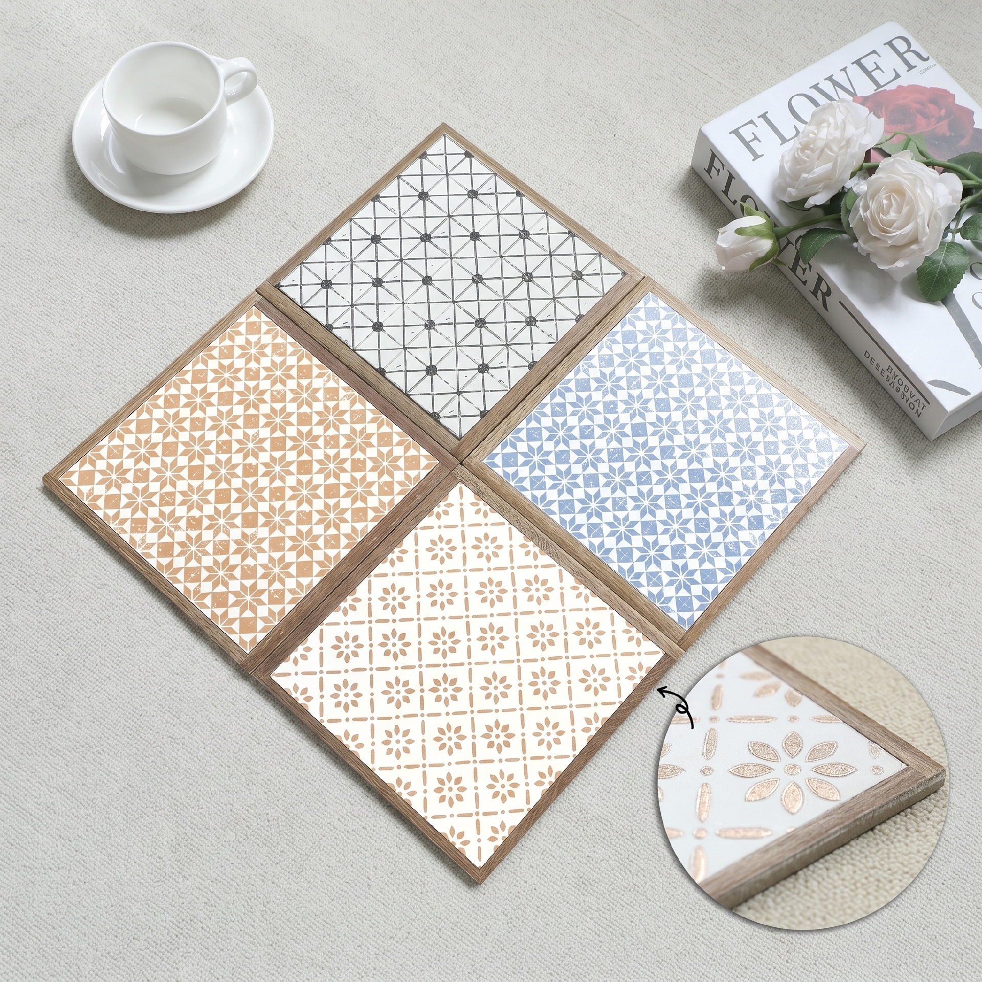 Chín mẫu hoạ tiết gạch porcelain 200x200mm xếp thành lưới vuông