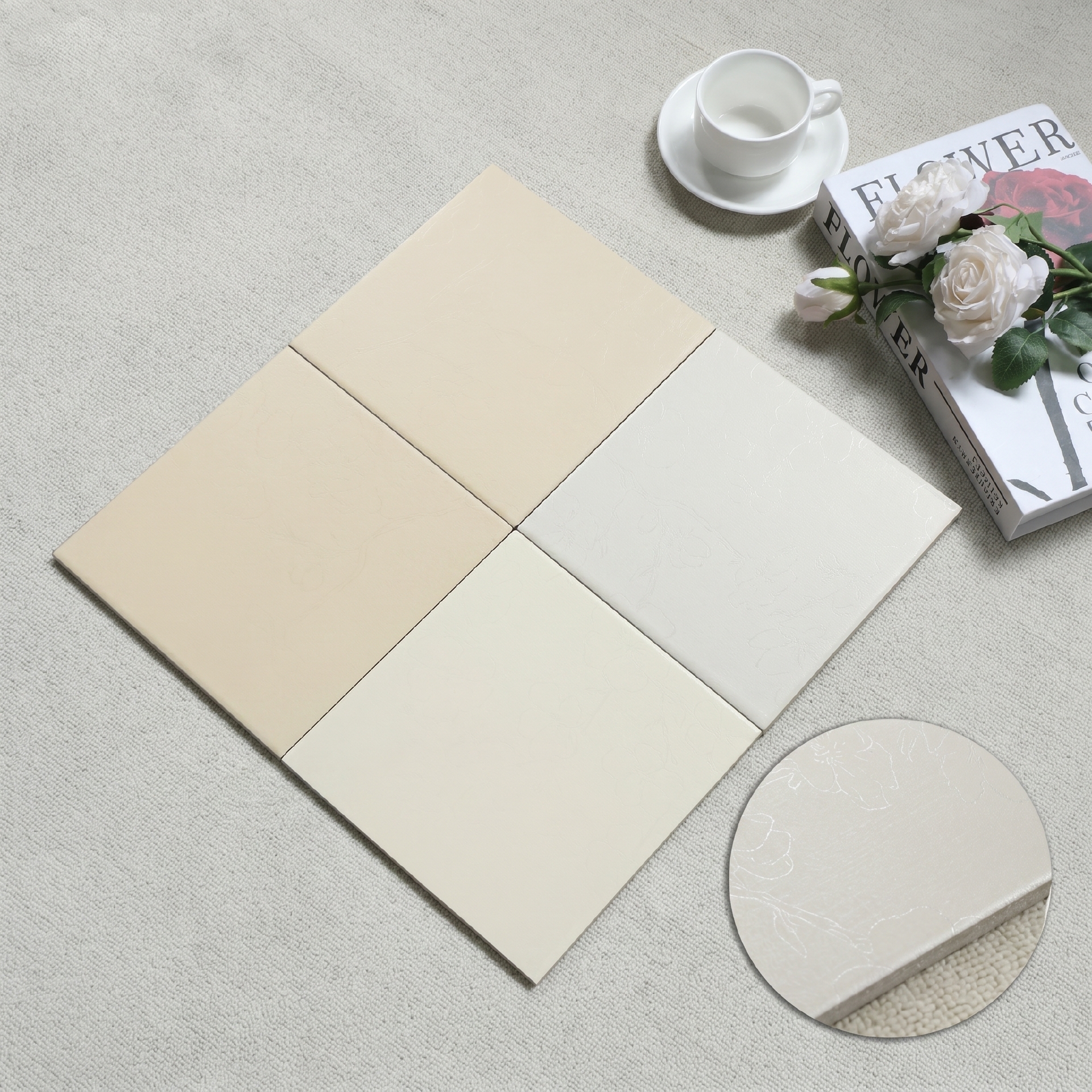 Mảng tường trong nhà ốp gạch porcelain 200x200mm hoạ tiết hoa men mờ