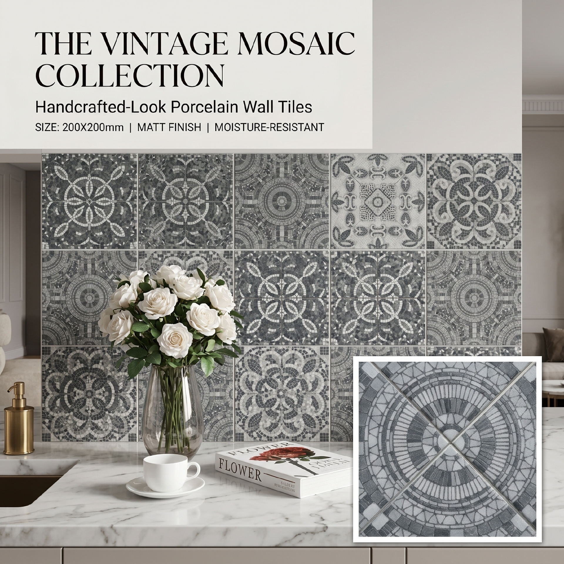 Dải màu xám, xám đậm, đen và xanh đậm của dòng gạch mosaic 200x200mm