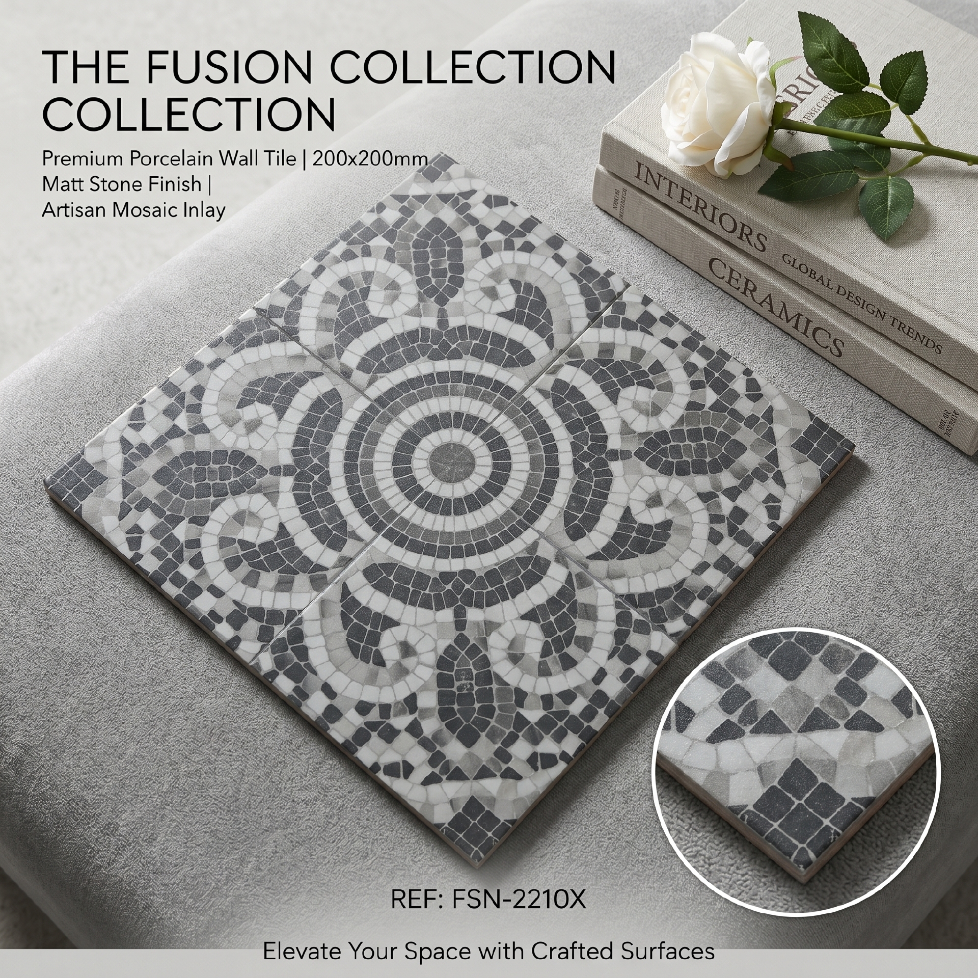 Viên gạch porcelain 200x200mm chụp thẳng thấy toàn bộ hoạ tiết mosaic