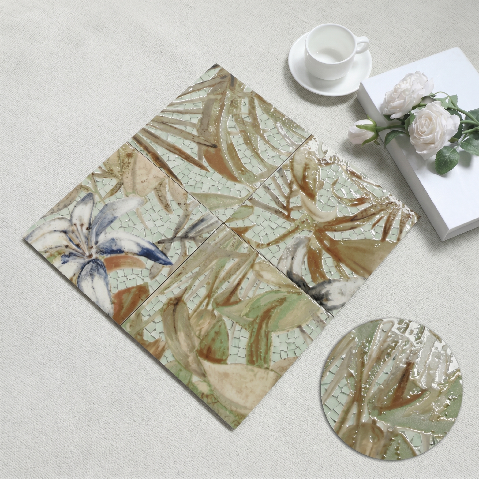 Viên gạch porcelain 200x200mm hoạ tiết lá chụp chính diện