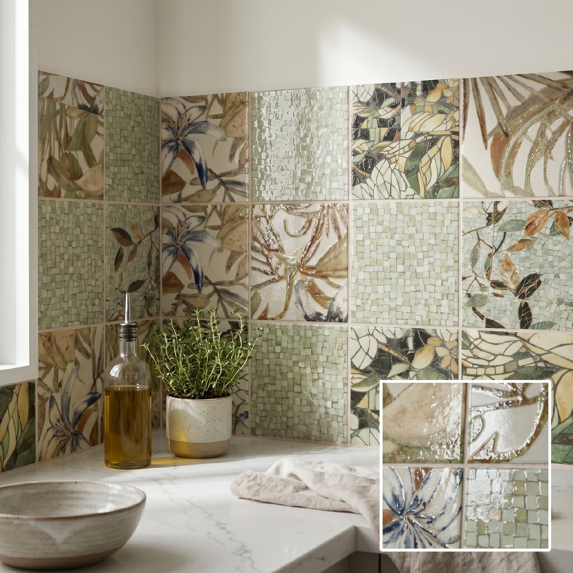Mảng tường trang trí ghép nhiều mẫu gạch hoạ tiết lá 200x200mm