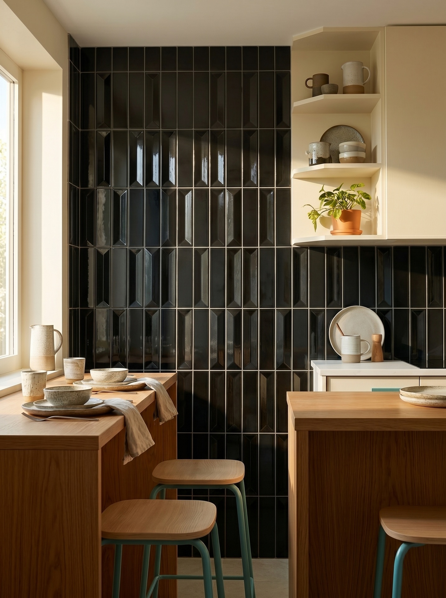 Tường nội thất ốp gạch ceramic 50x200mm phối ba kiểu khuôn