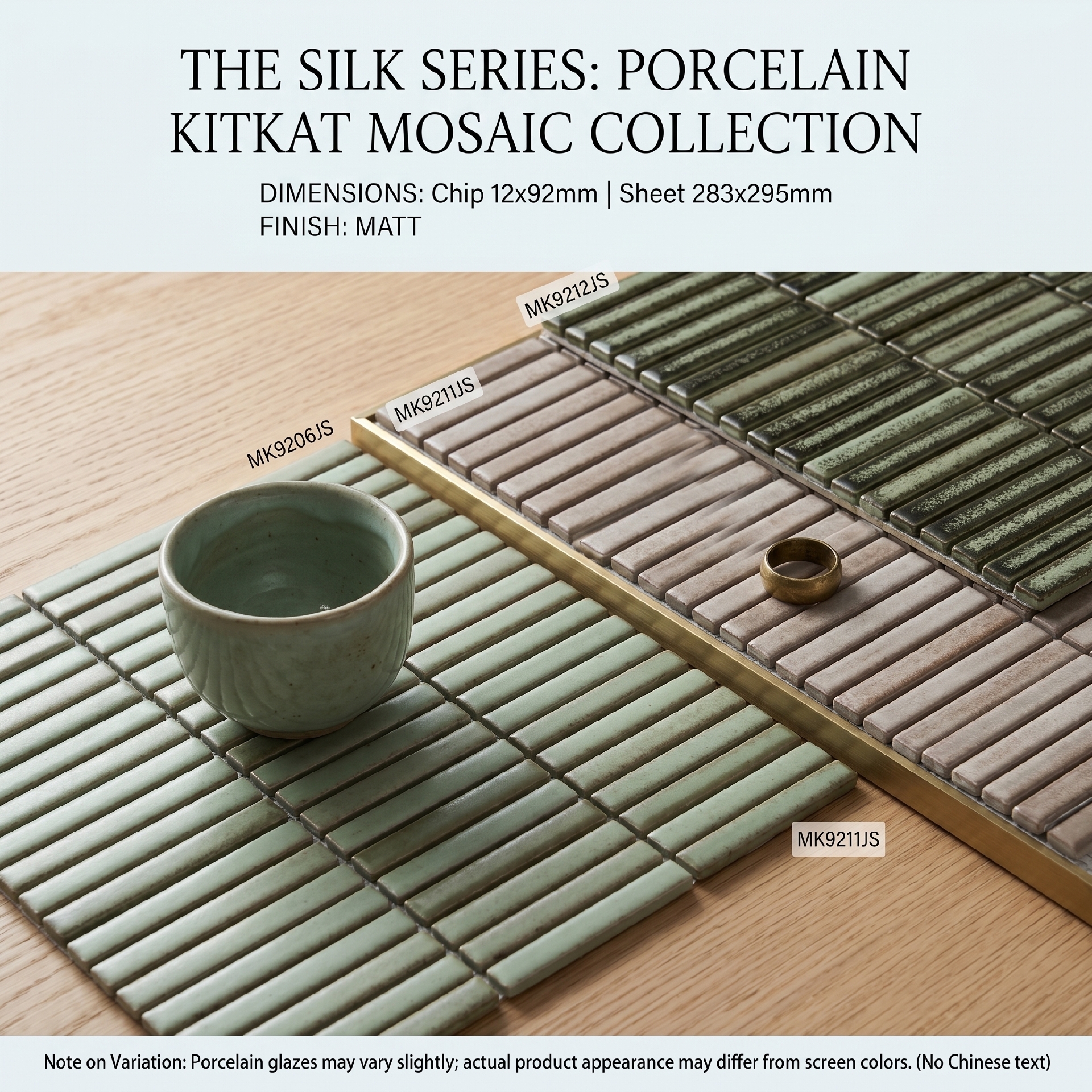 Vỉ gạch mosaic porcelain 283x295mm chụp chính diện trên nền sáng