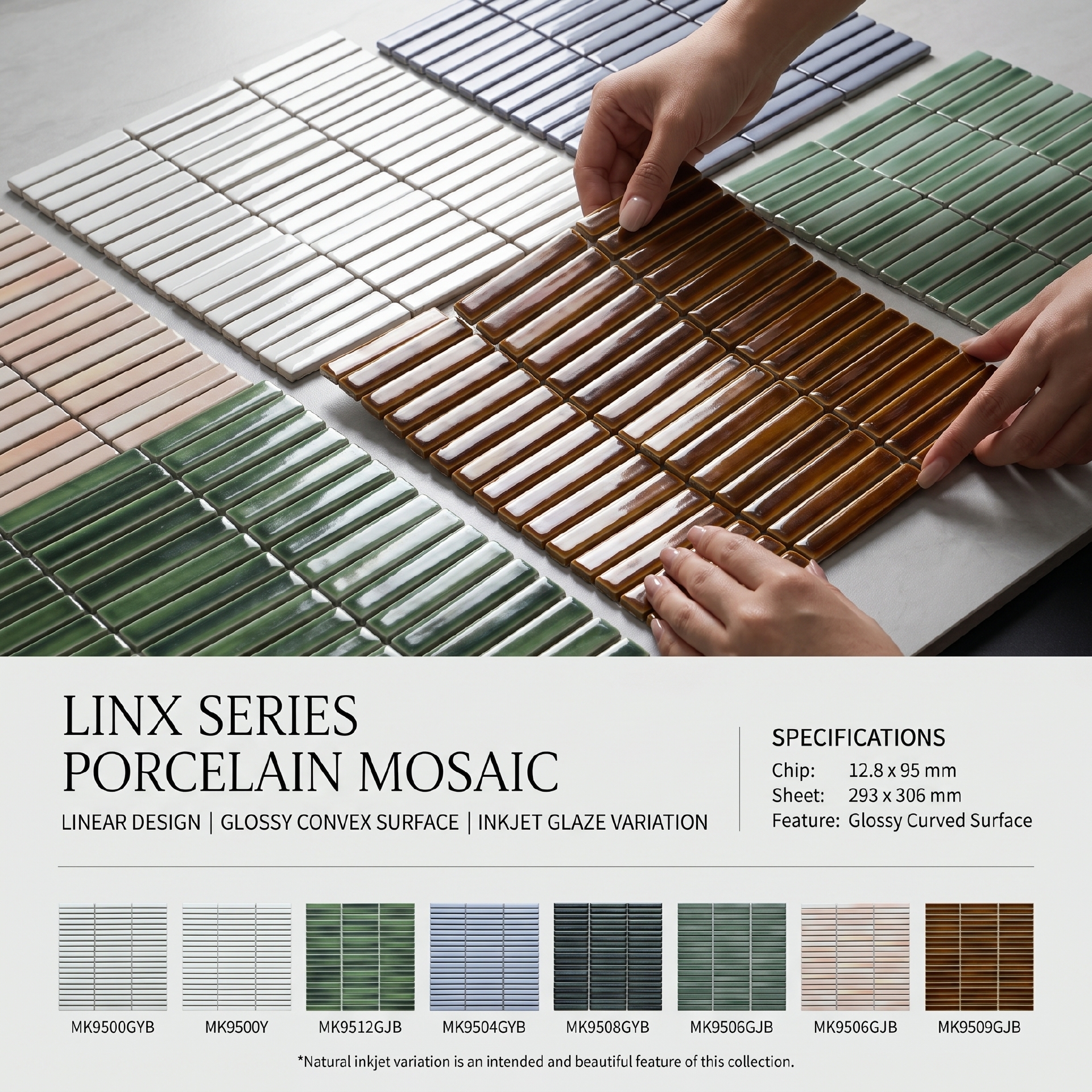 Cận cảnh men bóng trên bề mặt cong của từng thanh mosaic