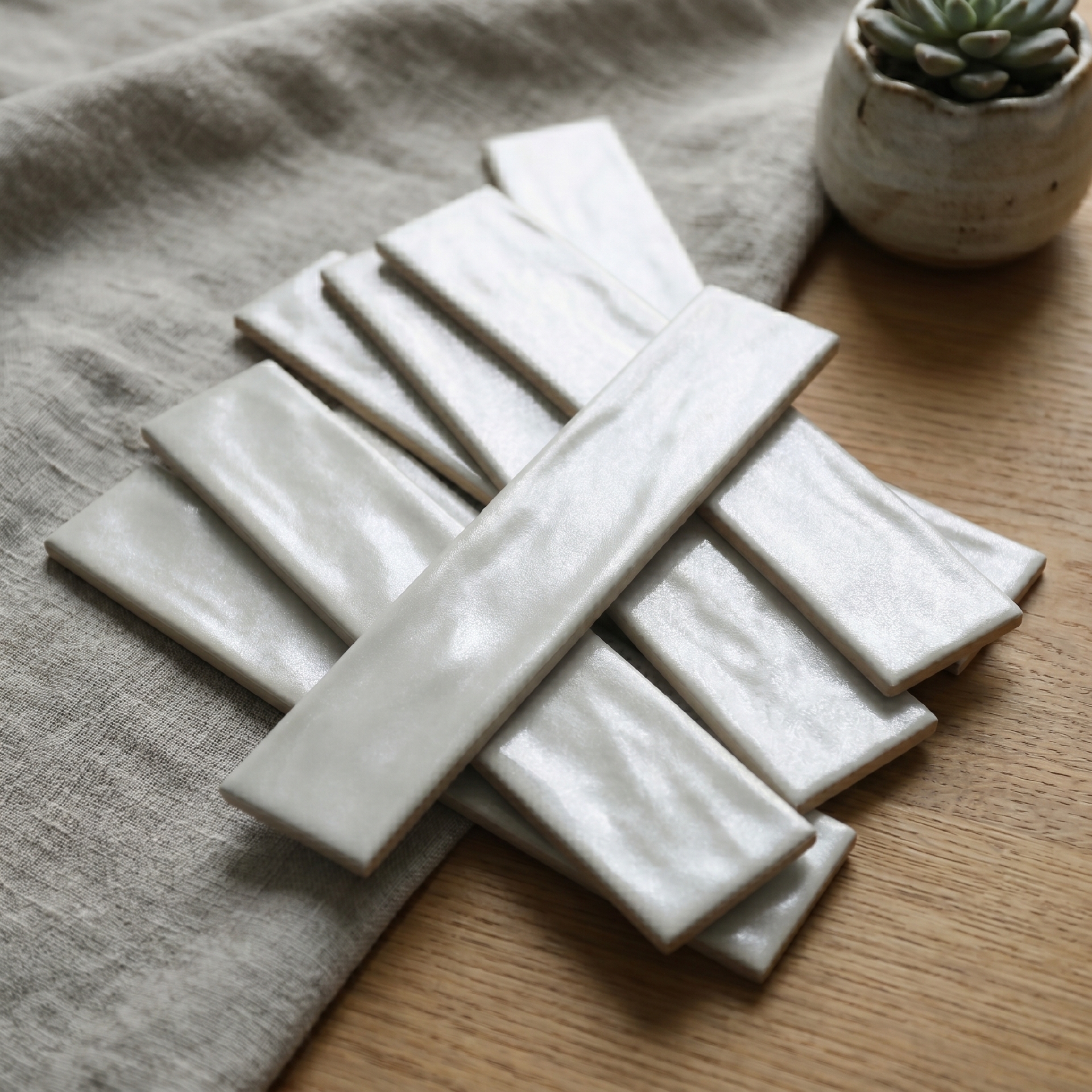 Màu trắng và be của gạch ceramic 60x253mm đặt cạnh nhau