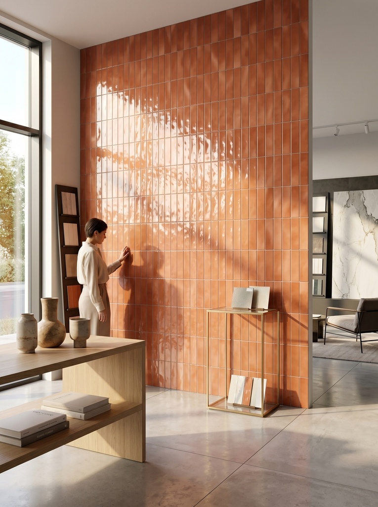 Tường quán cà phê ốp gạch 75x300mm xếp dọc liền mạch