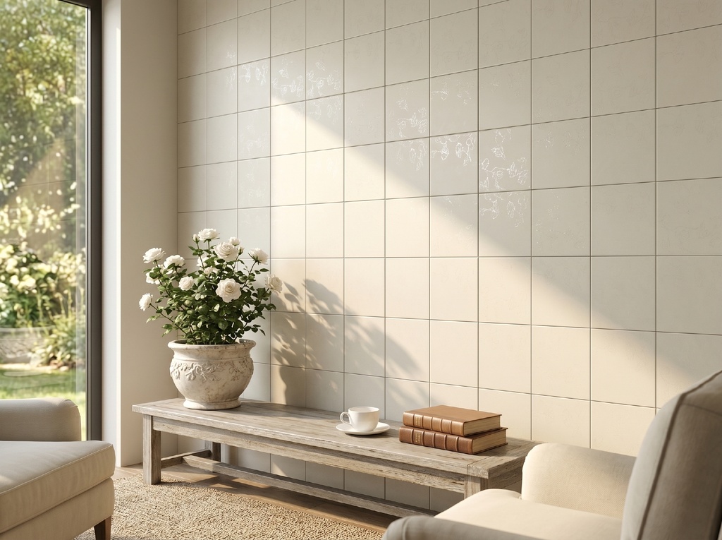 Mảng tường trong nhà ốp gạch porcelain 200x200mm hoạ tiết hoa men mờ