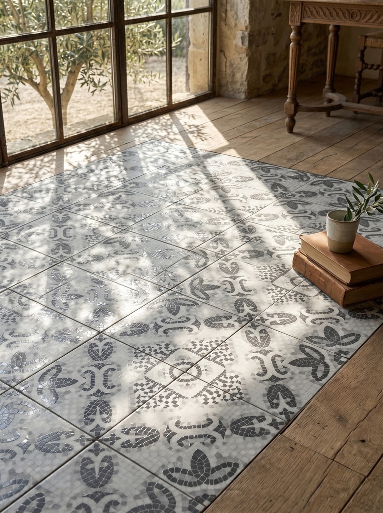 Viên gạch porcelain 200x200mm chụp thẳng thấy toàn bộ hoạ tiết mosaic