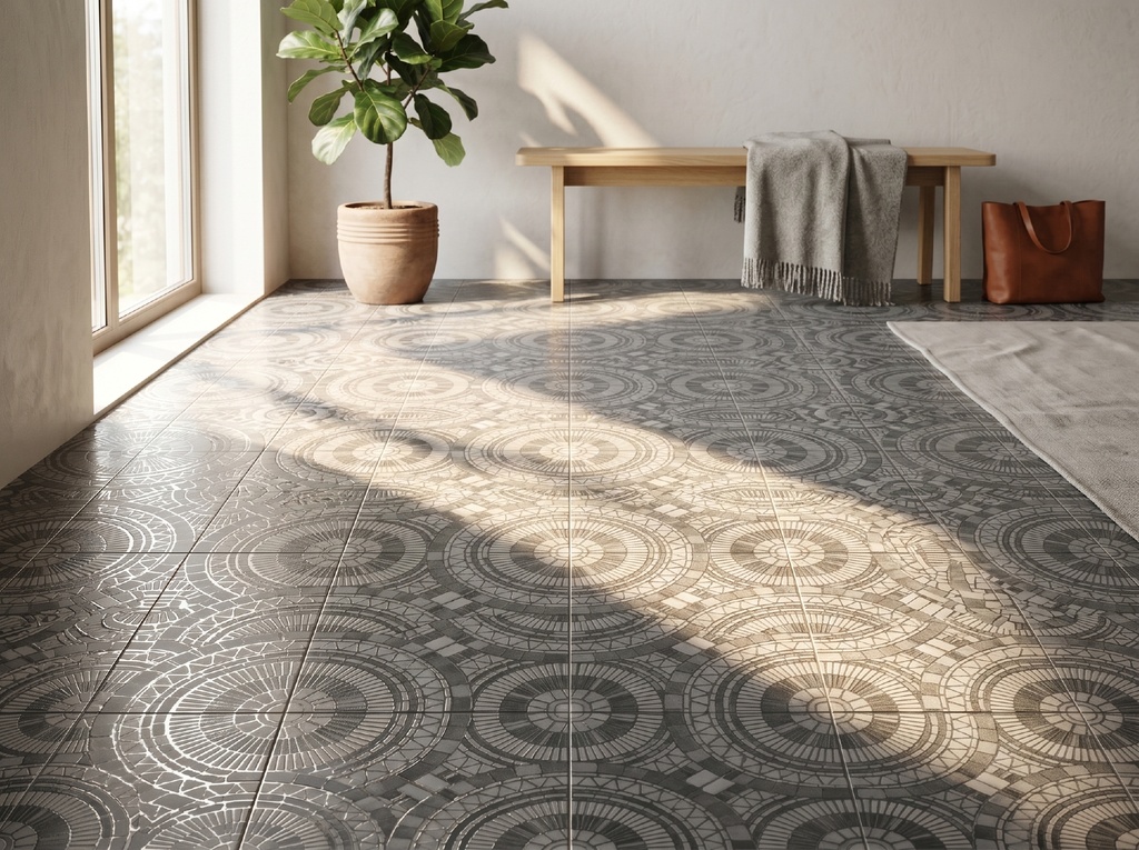 Sàn nội thất lát gạch porcelain 200x200mm giả mosaic đá ghép