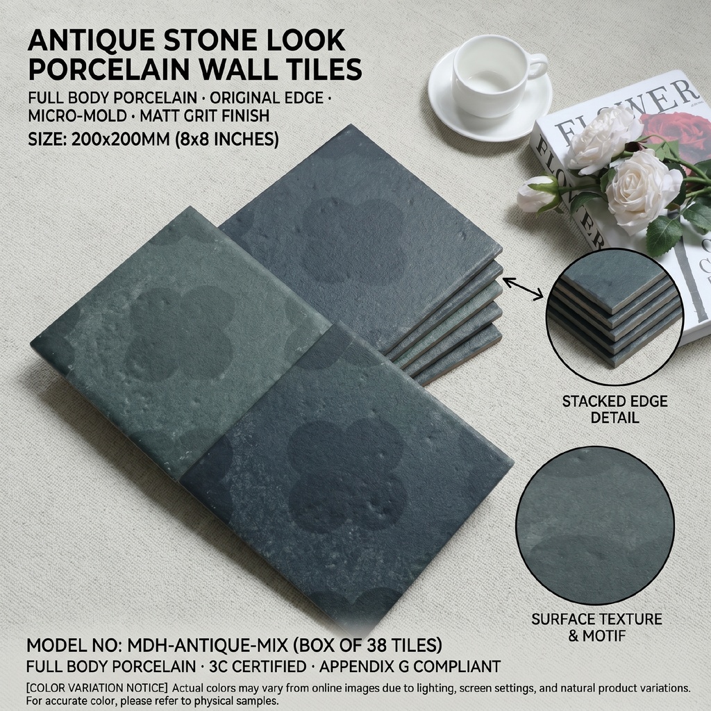 Viên gạch porcelain 200x200mm vân đá chụp chính diện trên nền sáng