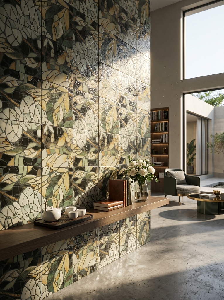 Mảng tường trang trí ghép nhiều mẫu gạch hoạ tiết lá 200x200mm