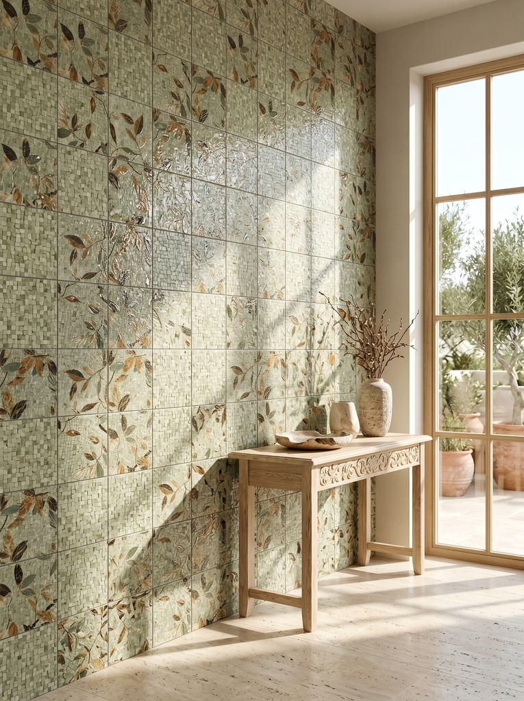 Dải màu xanh lá, xanh lá nhạt và vàng của bộ gạch hoạ tiết 200x200mm
