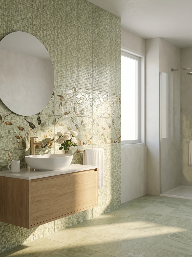 Viên gạch porcelain 200x200mm hoạ tiết lá chụp chính diện