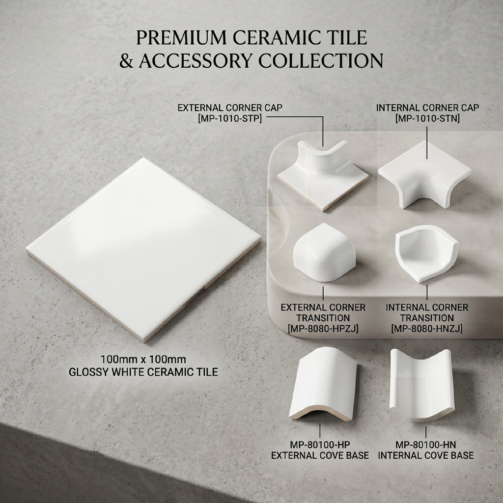 Bộ phụ kiện ceramic trắng đồng bộ với gạch ốp tường cùng tông