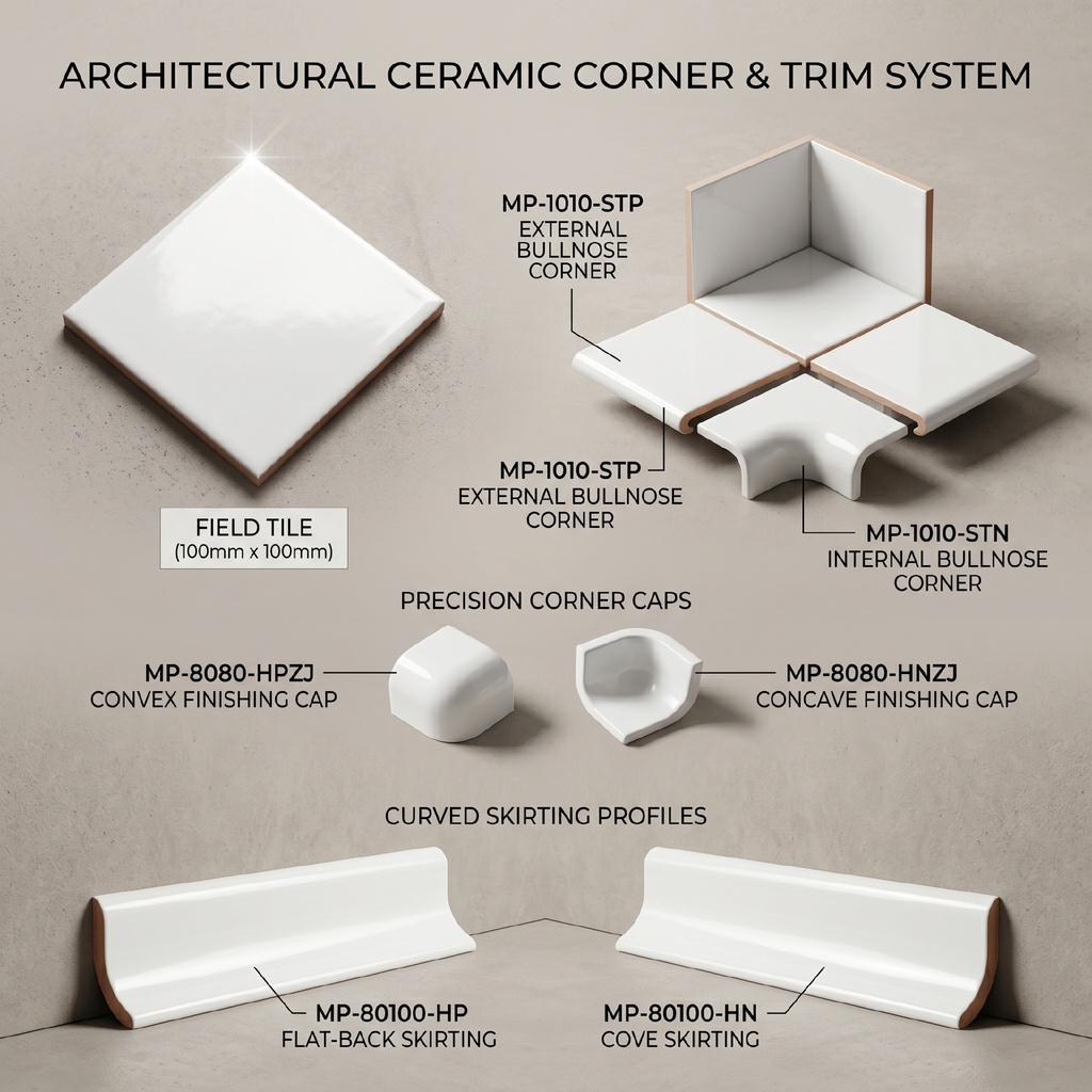 Các chi tiết nẹp ceramic trắng bóng xếp cạnh nhau trên nền sáng