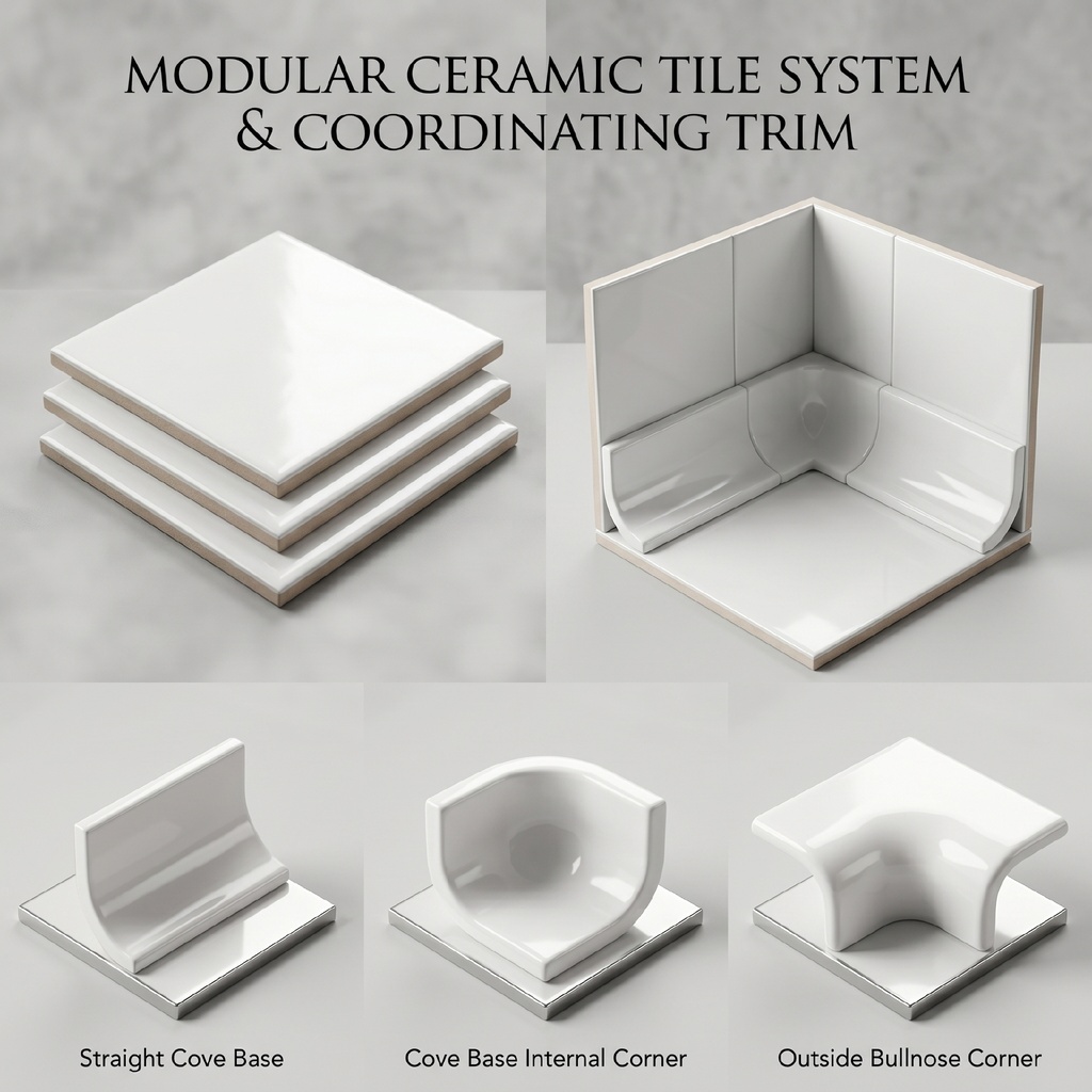 Chân tường phòng tắm hoàn thiện bằng nẹp ceramic bo cong màu trắng
