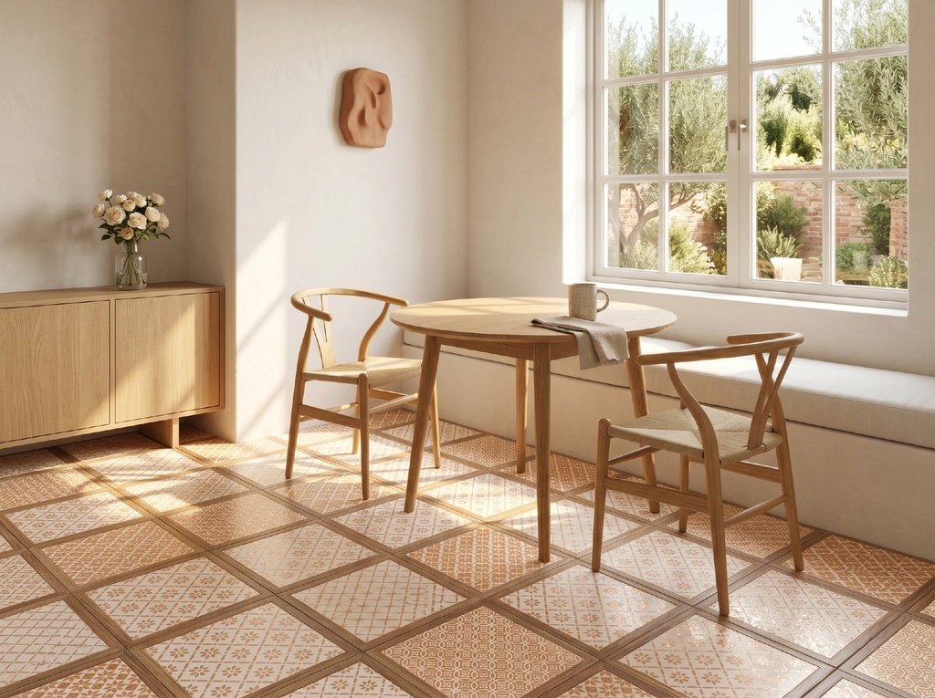 Sàn nội thất lát gạch hoạ tiết 200x200mm theo kiểu patchwork