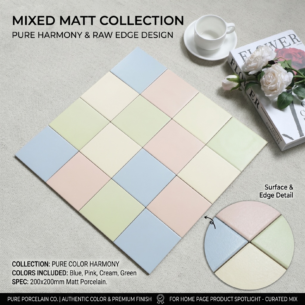 Bảng màu pastel gạch 200x200mm: kem, be, hồng phấn, xanh bạc hà