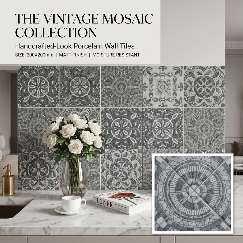 Dải màu xám, xám đậm, đen và xanh đậm của dòng gạch mosaic 200x200mm