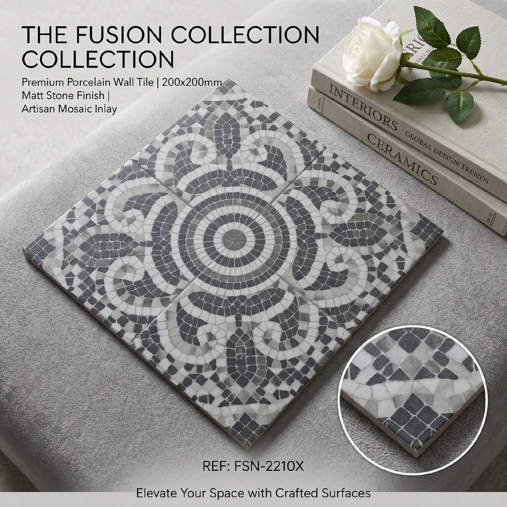 Viên gạch porcelain 200x200mm chụp thẳng thấy toàn bộ hoạ tiết mosaic