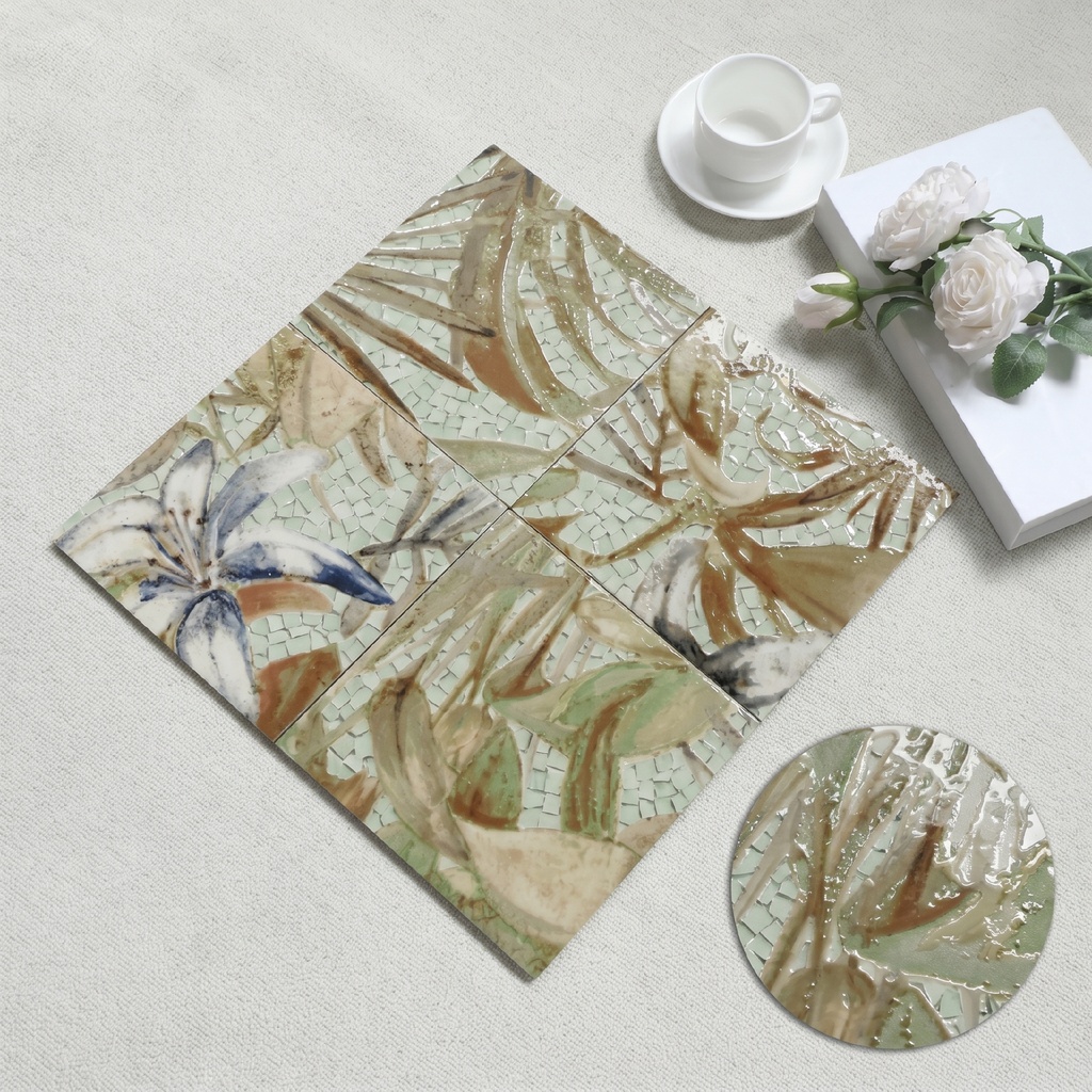 Viên gạch porcelain 200x200mm hoạ tiết lá chụp chính diện