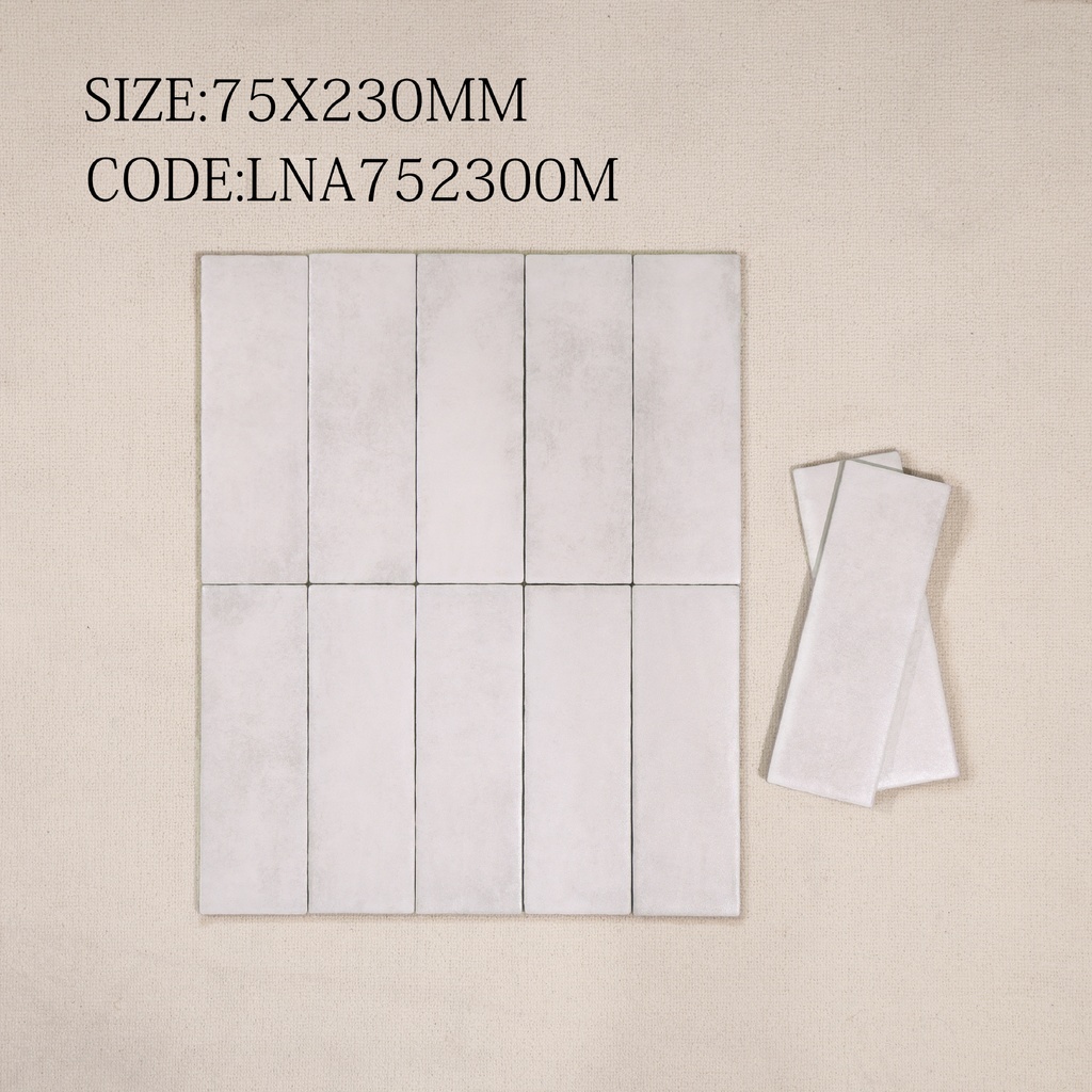 Tường nội thất ốp gạch thẻ 70x230mm xếp so le tông be