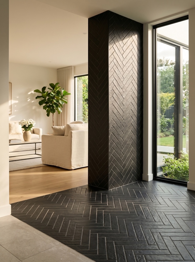 Tường trong nhà ốp gạch thẻ 50x200mm xếp xương cá tông nâu