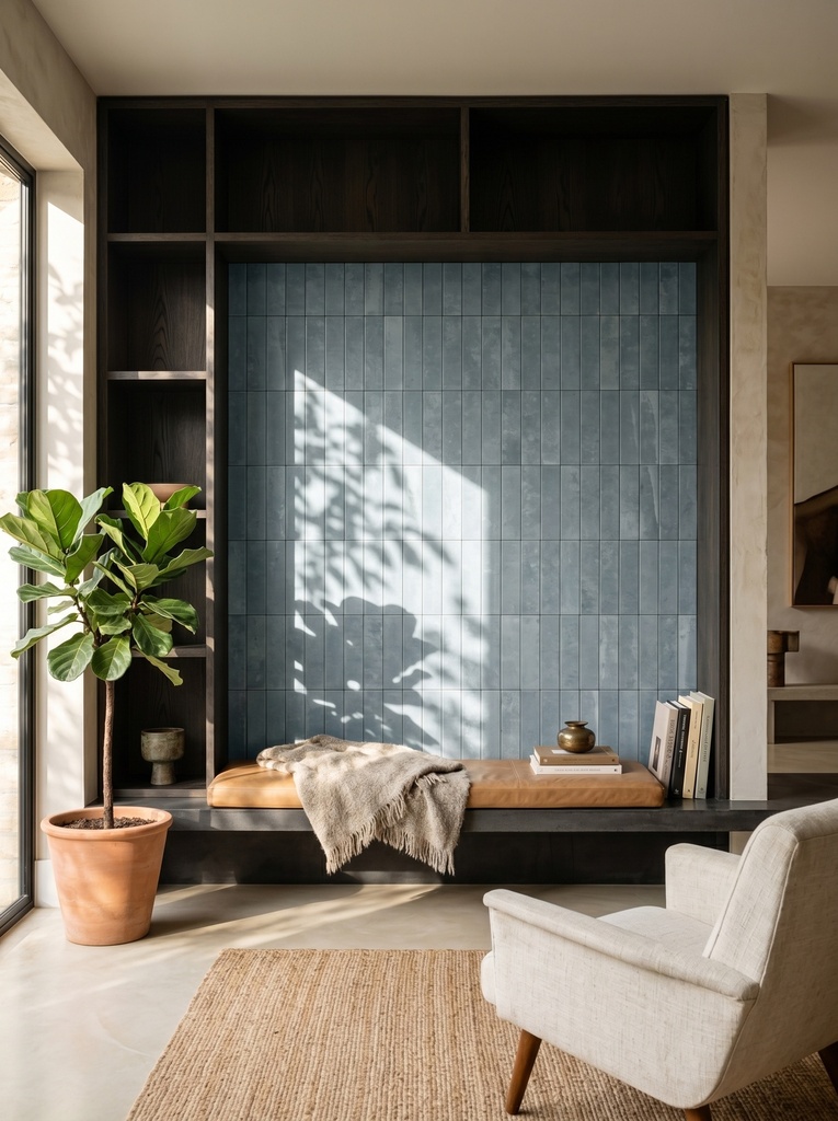 Tường nội thất ốp gạch thẻ 75x300mm xếp so le tông kem