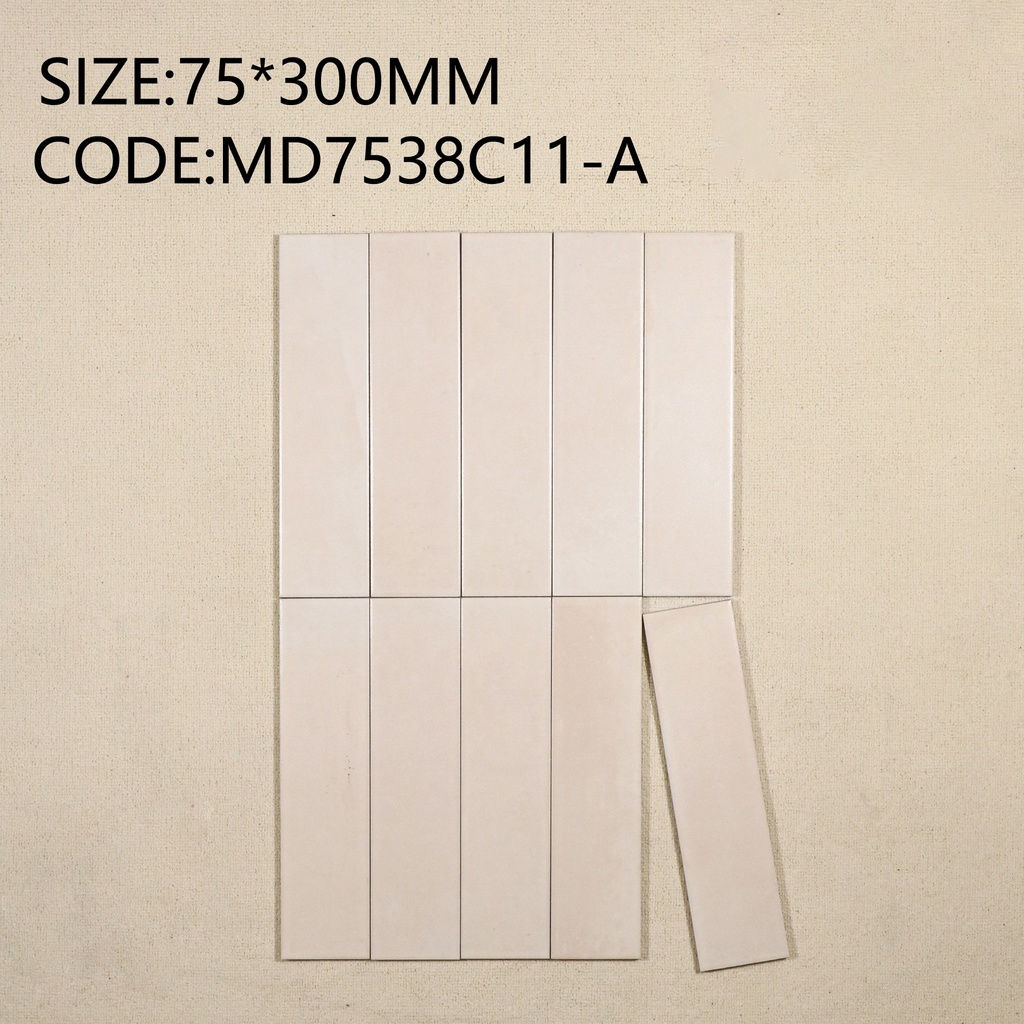 Tường nội thất ốp gạch thẻ 75x300mm xếp so le tông kem
