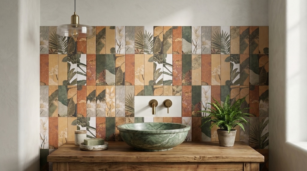Các mẫu hoạ tiết lá và hoa của gạch porcelain 75x300mm xếp cạnh nhau
