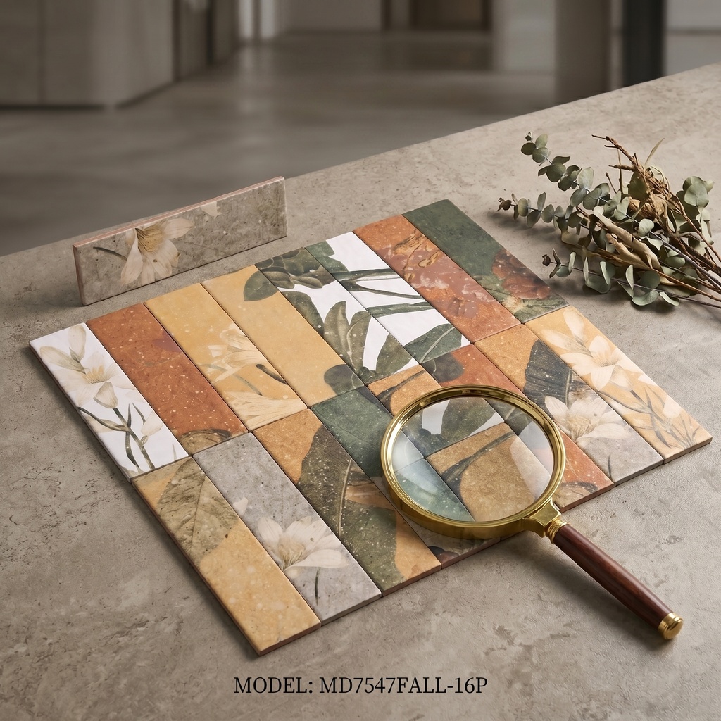 Các mẫu hoạ tiết lá và hoa của gạch porcelain 75x300mm xếp cạnh nhau