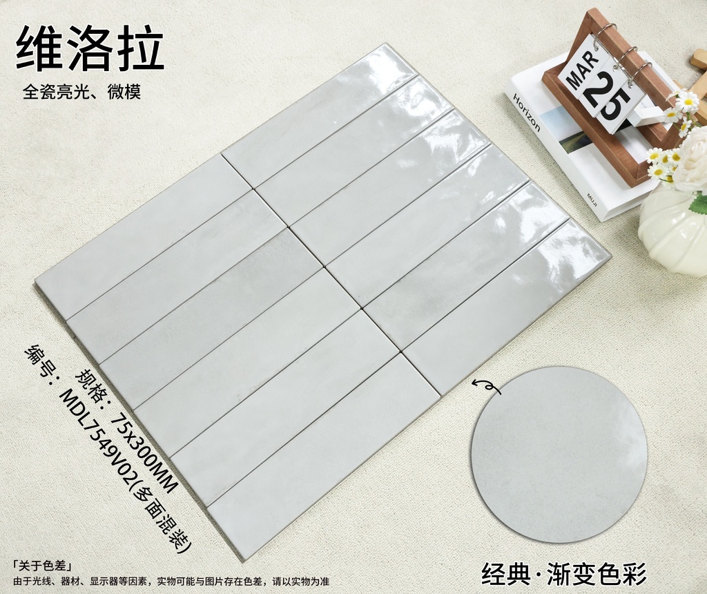 Mảng tường ốp bếp hoàn thiện bằng gạch porcelain gợn sóng 75x300mm