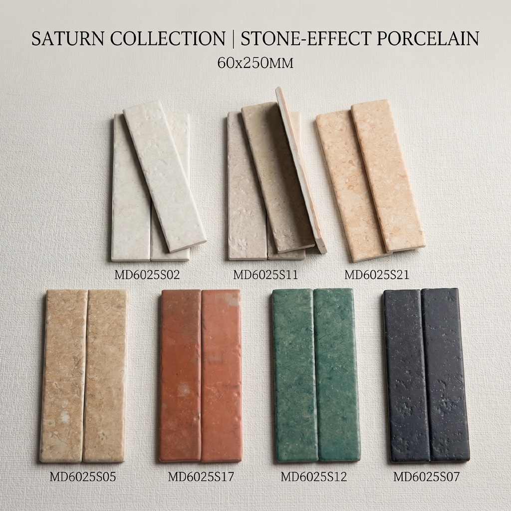 Viên gạch thẻ porcelain 60x250mm vân đá vôi chụp chính diện