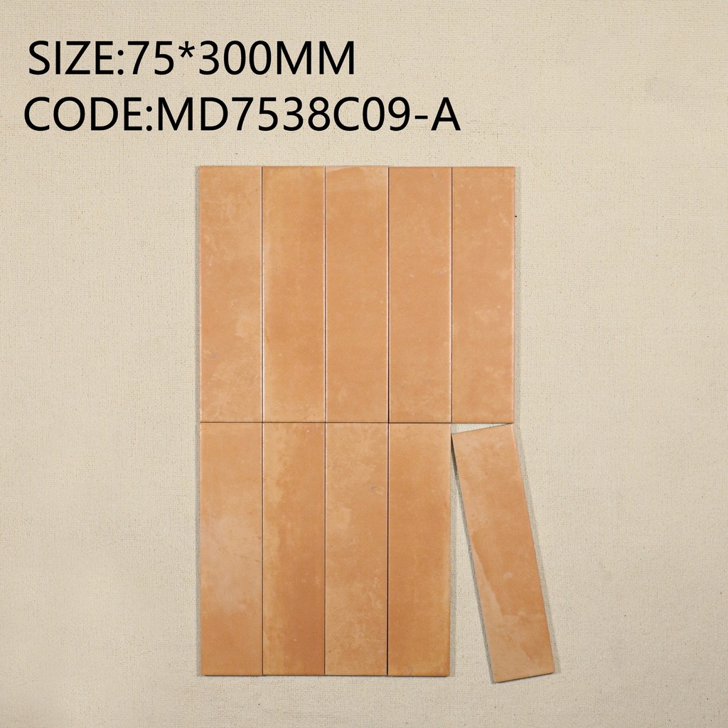 Tường nội thất ốp gạch thẻ 75x300mm xếp so le tông kem