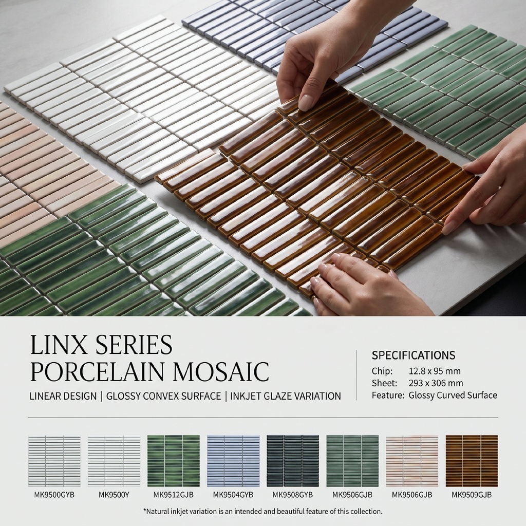 Cận cảnh men bóng trên bề mặt cong của từng thanh mosaic