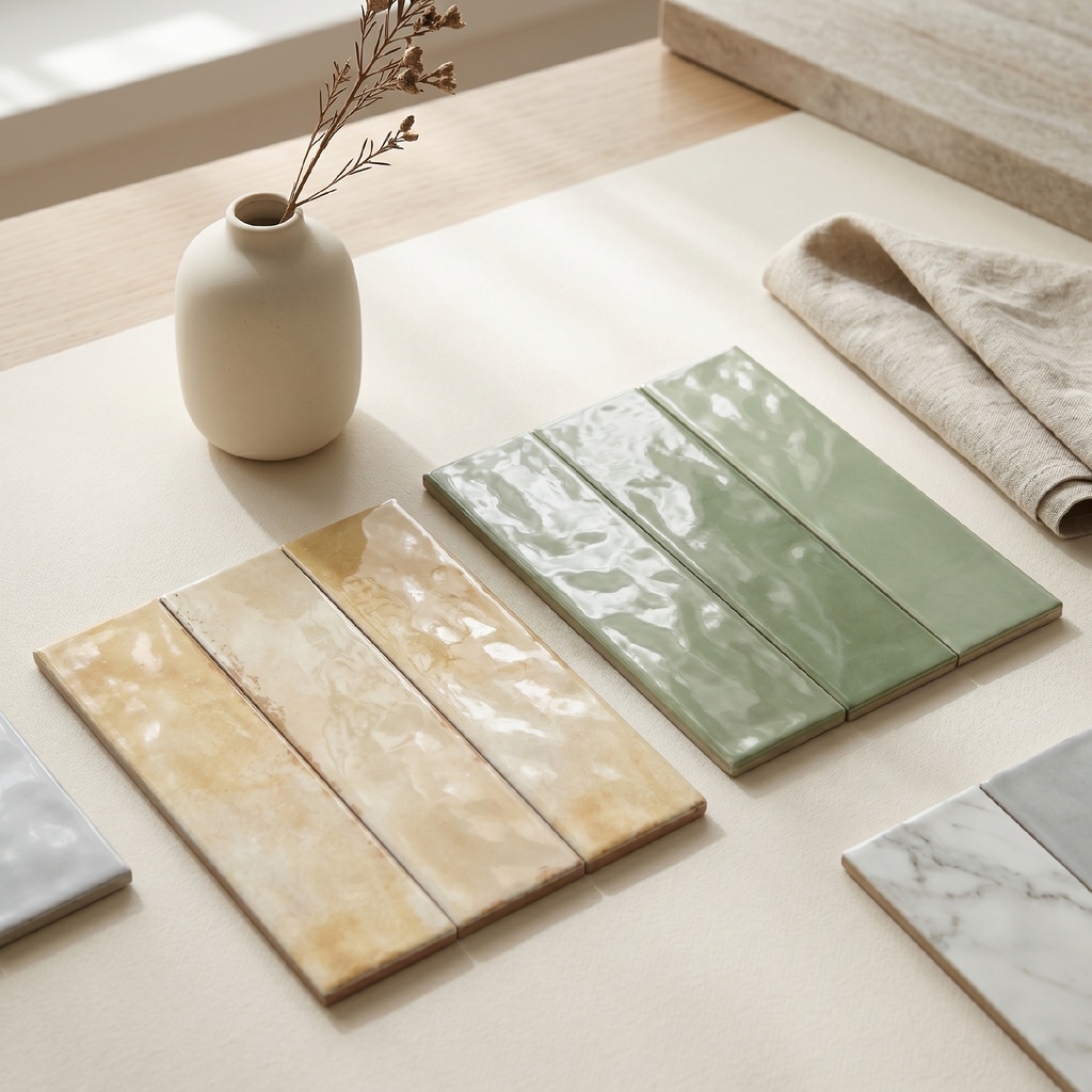Mảng tường ốp bếp hoàn thiện bằng gạch porcelain gợn sóng 75x300mm