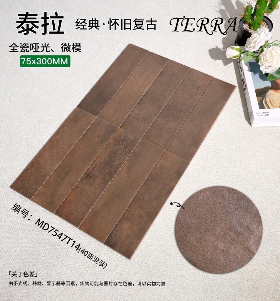 Viên gạch porcelain mờ 75x300mm chụp nghiêng lấy sáng bề mặt