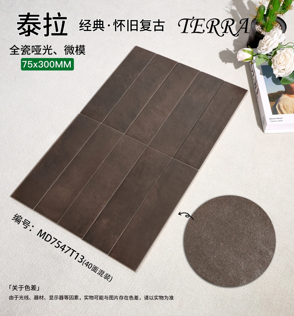 Tường trong nhà ốp gạch porcelain mờ 75x300mm tông đất